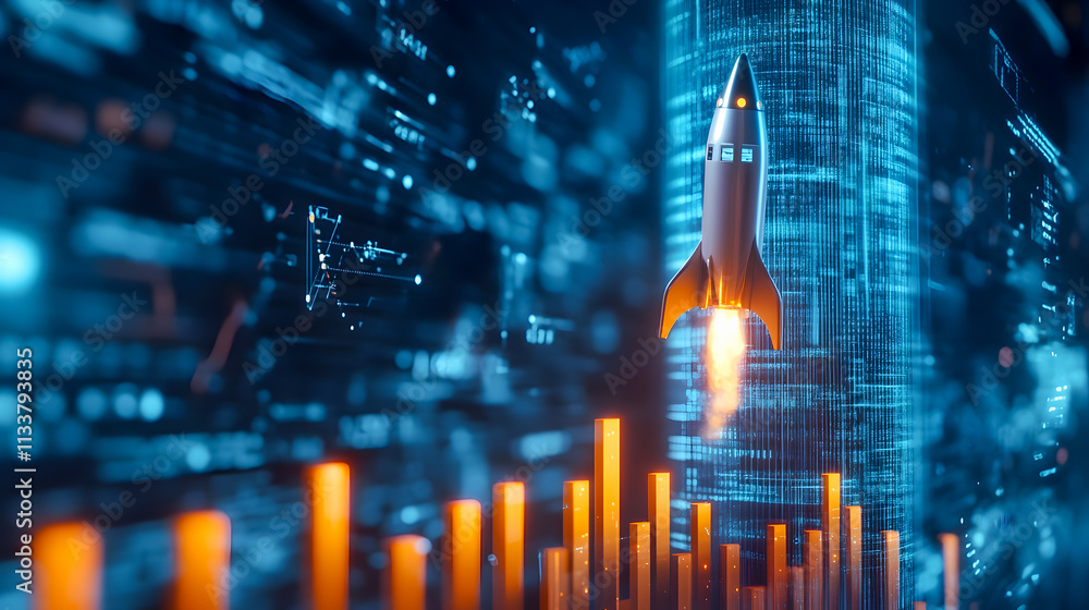 Poster futuristic rocket launching through digital landscape with data visualization and bright orange bars