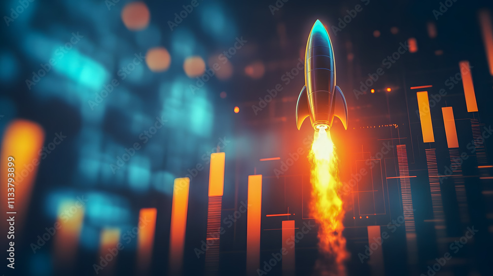 Aufkleber dynamic rocket launching into space with vibrant flames and futuristic background representing growt