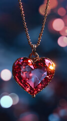 Elegant Heart-Shaped Necklace Adorned with a Sparkling Pink Stone, Perfect for Romantic Occasions, Symbolizing Love, Affection, and Beauty in a Charming Jewelry Presentation