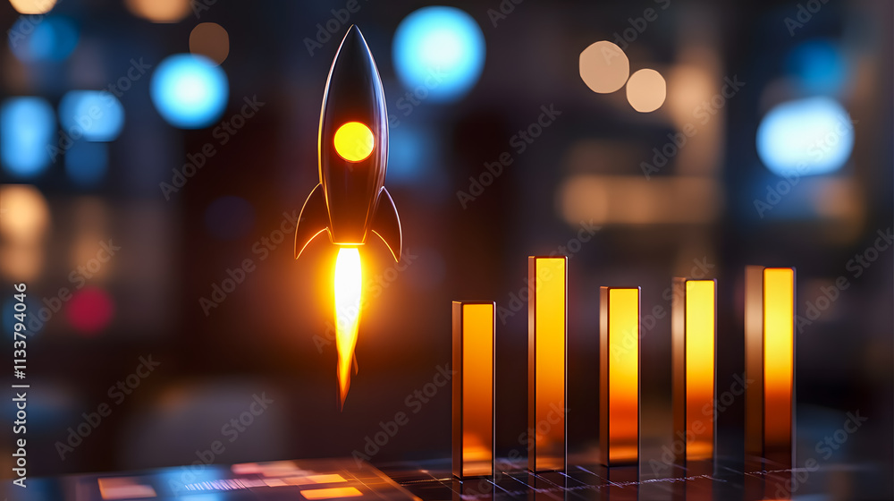 Poster rocket launching above business graphs representing growth and success in a digital environment with