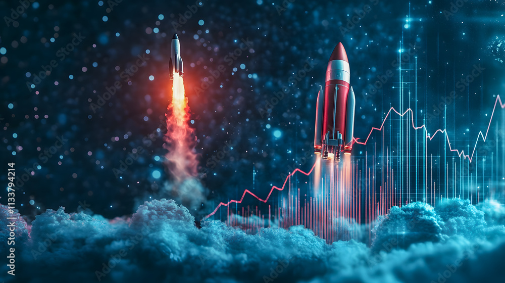 Aufkleber futuristic rockets launching into space with data analytics backdrop for growth, innovation, and tec