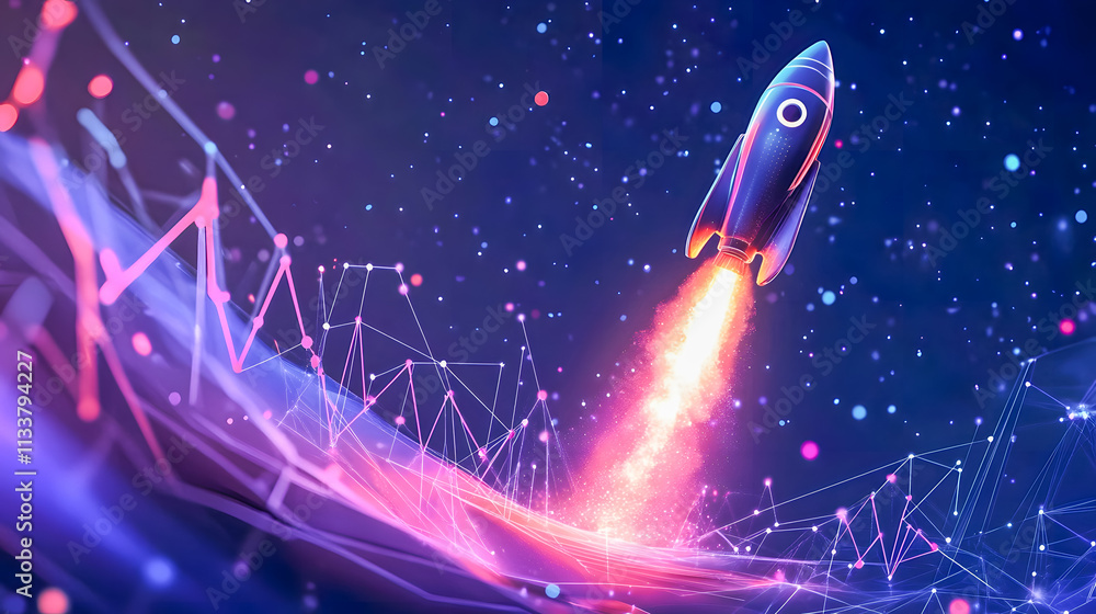 Poster futuristic rocket launching into space with glowing trails and cosmic background surrounded by stars