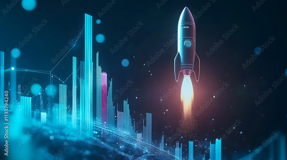 Poster futuristic rocket launching above digital chart with glowing data visualization and sparkling elemen
