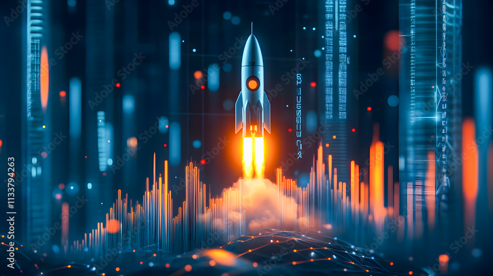 Poster futuristic rocket launching against digital background with data streams and graphs representing tec