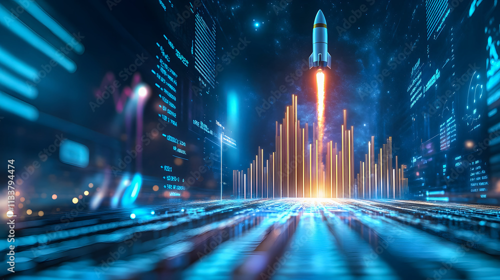 Poster futuristic rocket launch over data visualization and technology background in a digital universe wit
