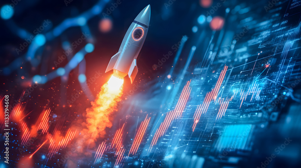 Poster rocket launching into space with digital data and graphs representing innovation and growth in techn