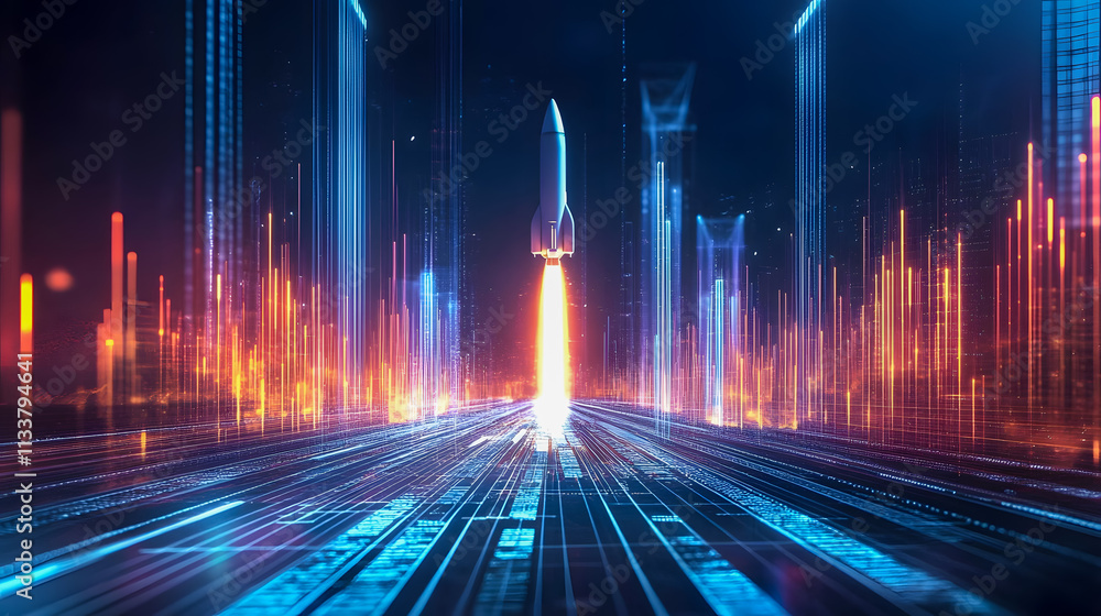 Poster digital landscape with rocket launch and data visualization elements representing innovation and tec