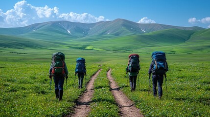 Obraz premium Hikers with backpacks trek along a scenic mountain trail, enjoying a breathtaking landscape of rolling green hills under a vibrant blue sky.