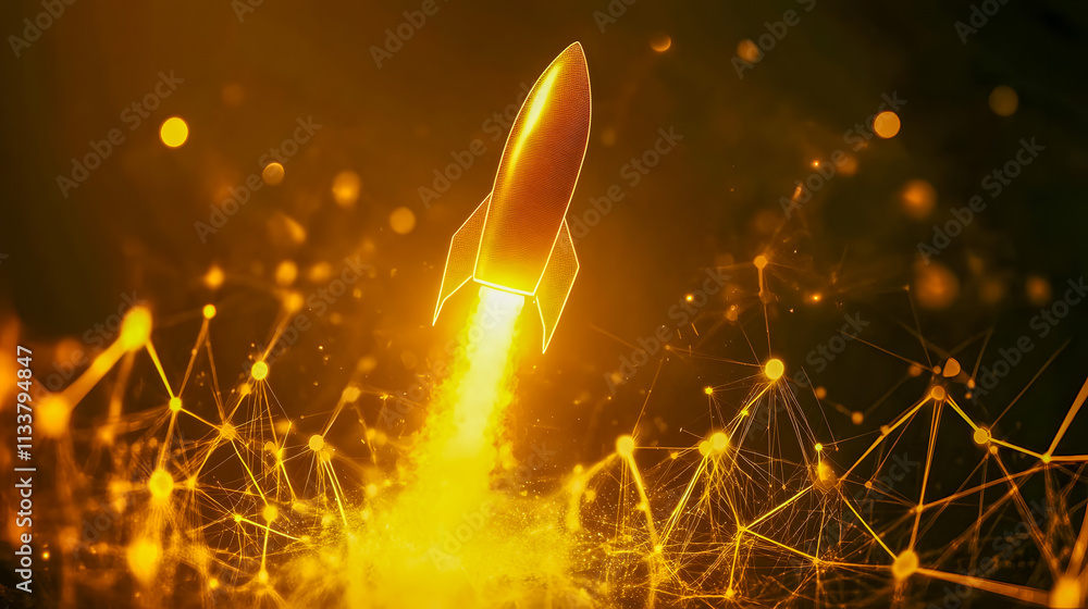 Aufkleber golden rocket launching into the starry sky with dynamic trail and sparkling lights in a futuristic 