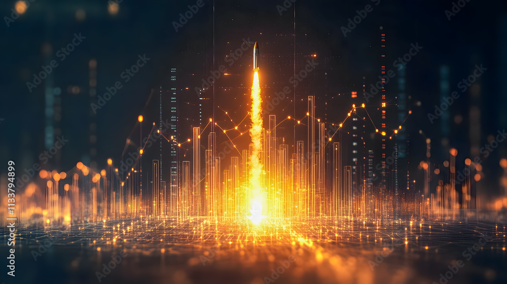 Poster abstract digital artwork depicting a rocket launch surrounded by data visualization and glowing line