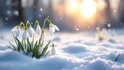 White snowdrop flowers blooming outdoors in snow. ai generative