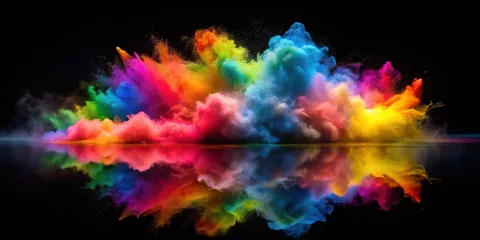 Colorful powder exploding on reflective surface creating vibrant plume of smoke, ideal for celebration and art themes