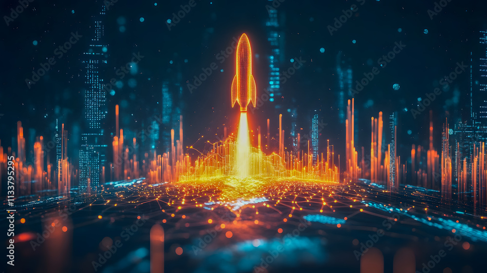 Aufkleber futuristic digital rocket launch over city skyline with colorful neon effects and glowing data visua