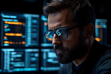 A professional monitoring data on multiple screens with warning signs about a cyberattack