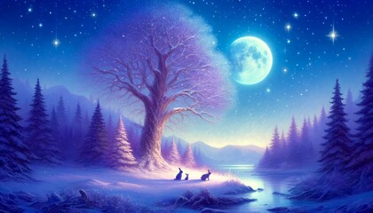 Naklejka premium A Heartwarming Late Winter Night Scene in a Pastel Painting Style Featuring a Rabbit Family Under Indigo Moonlight