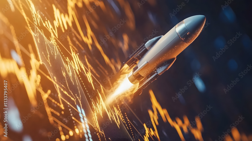 Poster rocket launch with abstract background of speedy data flow representing innovation and technology ad