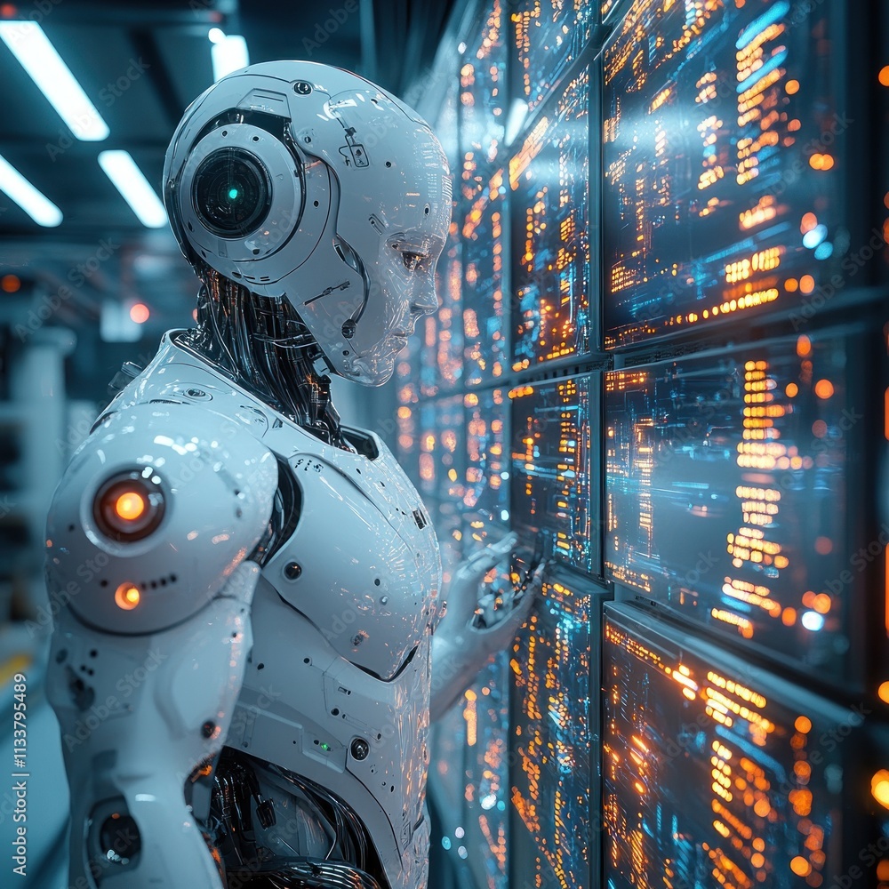 Poster futuristic robot monitoring digital data on a large screen.