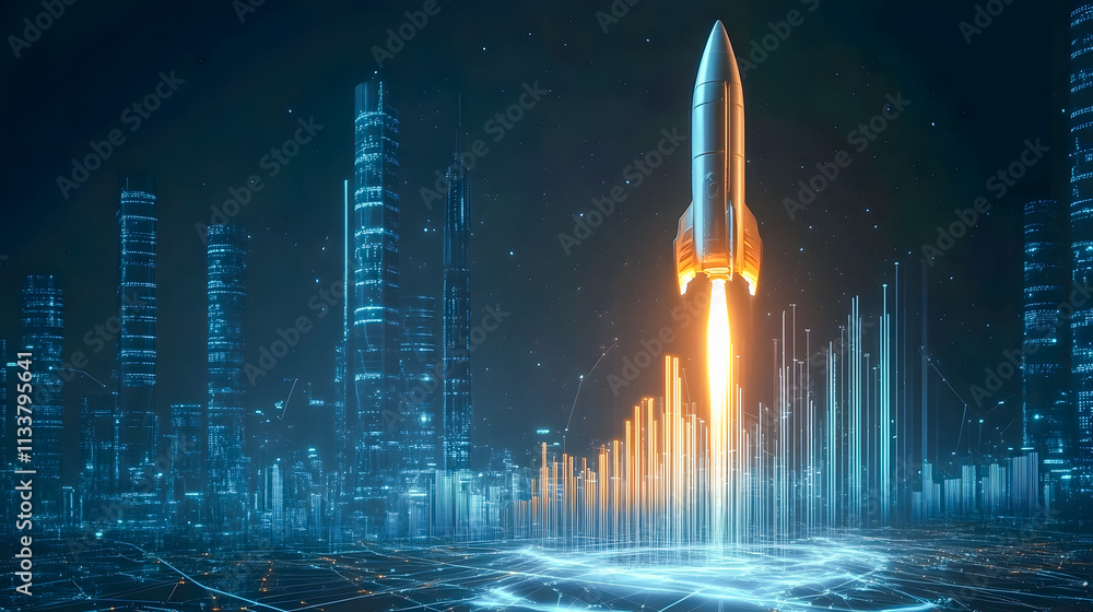 Poster futuristic rocket launch over digital cityscape with glowing data visualizations and technology elem