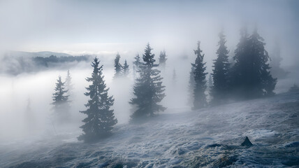 Fototapeta premium Misty forest landscape with evergreen trees and foggy atmosphere.