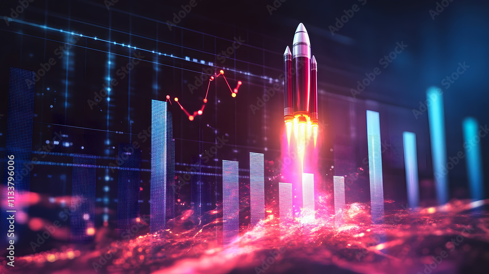 Poster rocket launching into space with financial graphs and data visualization in the background for innov