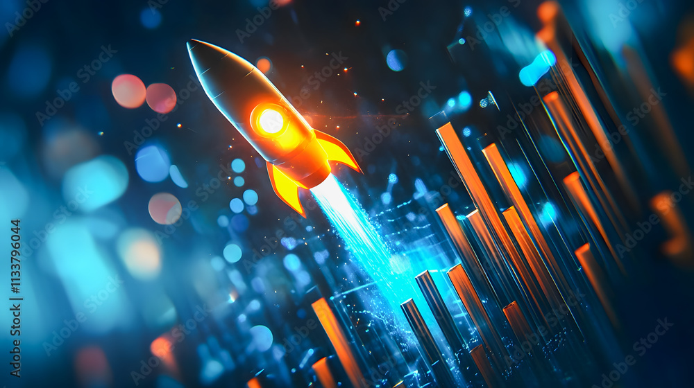 Poster futuristic rocket launching against colorful data bars in a high-tech digital environment for innova