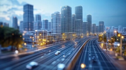 Fototapeta premium Smart city digital concept featuring a wireframe cityscape with futuristic details and glowing elements ideal for illustrating modern technology and business themes