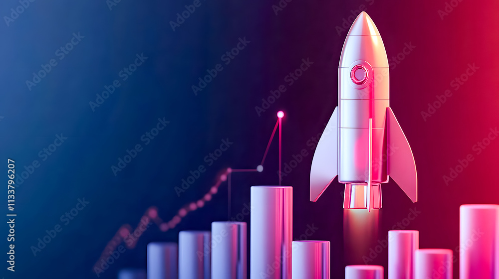 Aufkleber futuristic rocket launching with vibrant colors and dynamic graphs symbolizing growth and innovation