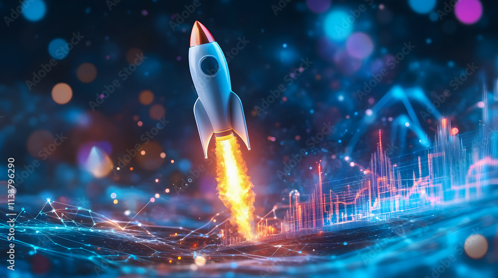 Poster futuristic rocket launching into space with colorful digital background and data visualization eleme