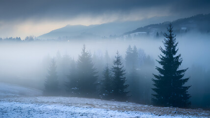 Fototapeta premium Misty forest landscape with evergreen trees and foggy atmosphere.