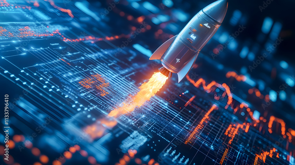 Poster dynamic rocket launch with digital graphics and data projections highlighting technological advancem