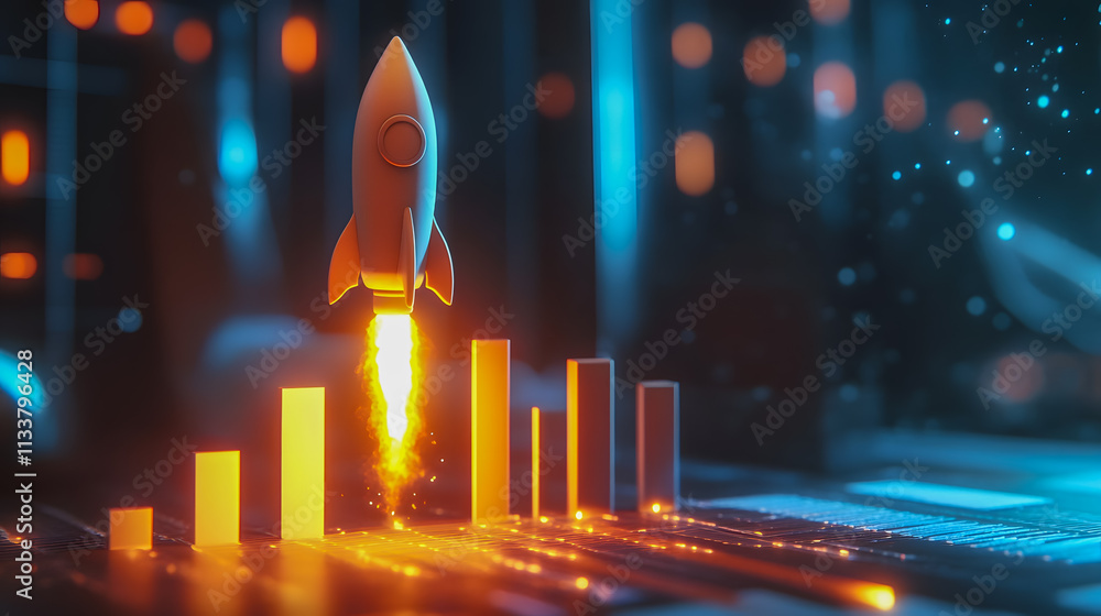 Poster rocket launching into space with data graphs and digital effects symbolizing growth and innovation i