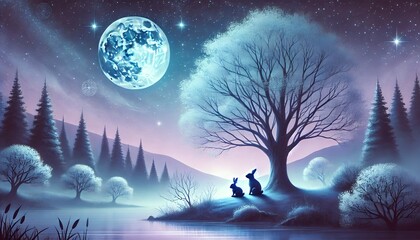 Indigo Moonlit Winter Night with Rabbit Family Beneath a Majestic Tree in a Dreamy Landscape