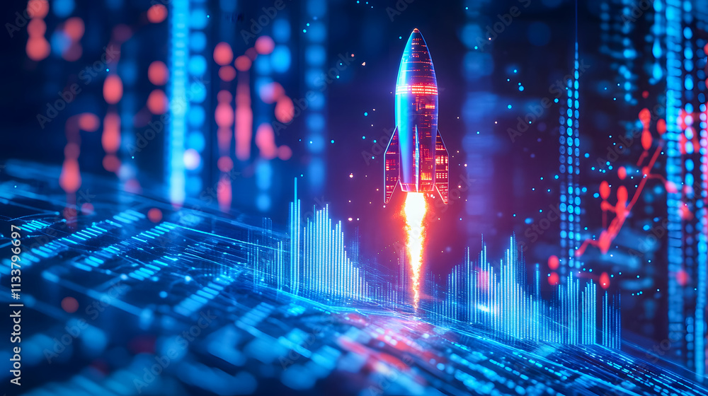Poster futuristic rocket launch over digital data visualization with bright colors and dynamic flare in a s