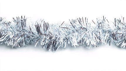 silver tinsel garland christmas decoration on white background  isolated macro photography