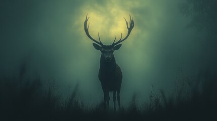 Obraz premium Majestic red deer stag silhouetted against a misty, moonlit forest background.
