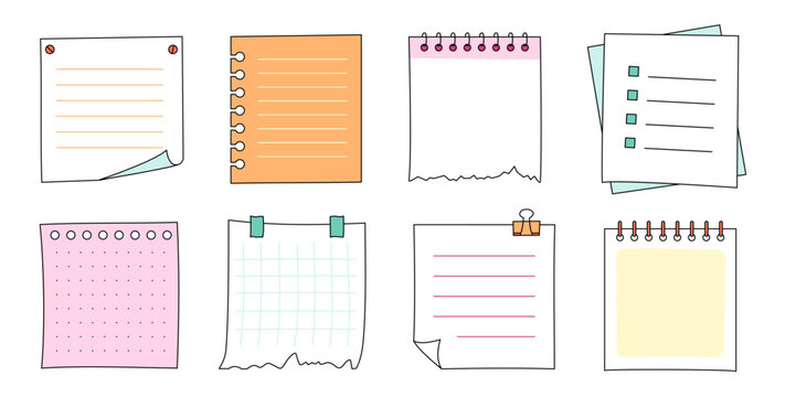 Memo frame note paper line cute planner sheet set. Notebook paper note frame for task list page, to do list sticker sheet. Hand drawn kid sketch line style reminder sticker. Vector illustration.