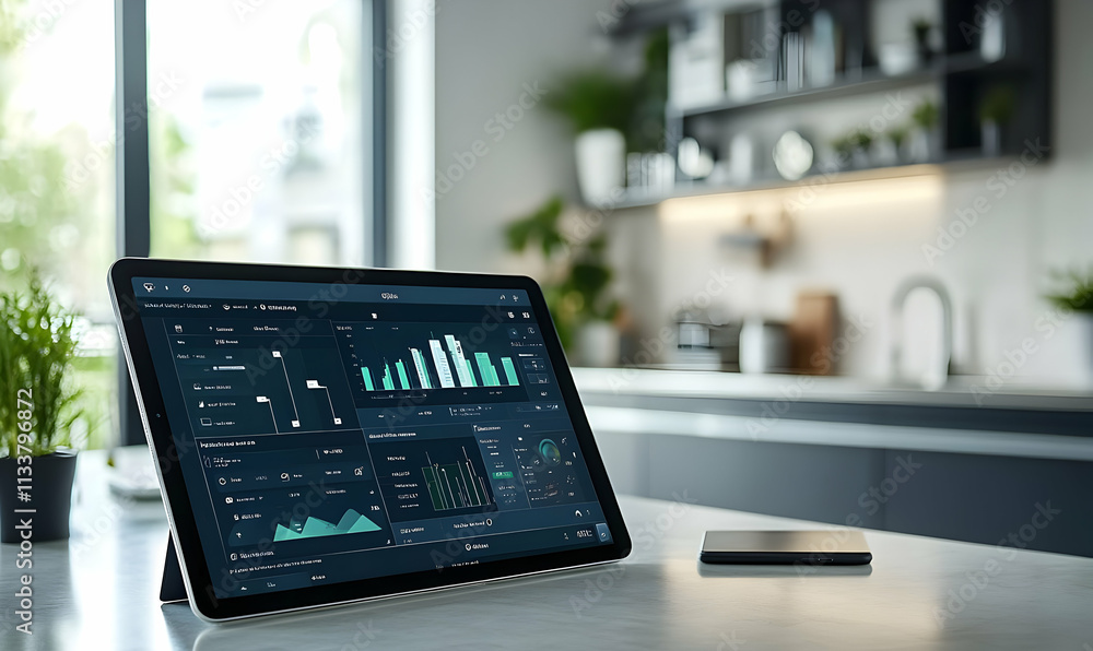 Poster a tablet displaying data analytics in a modern kitchen setting.
