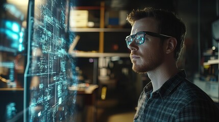 Focused man in glasses examining futuristic digital interface.