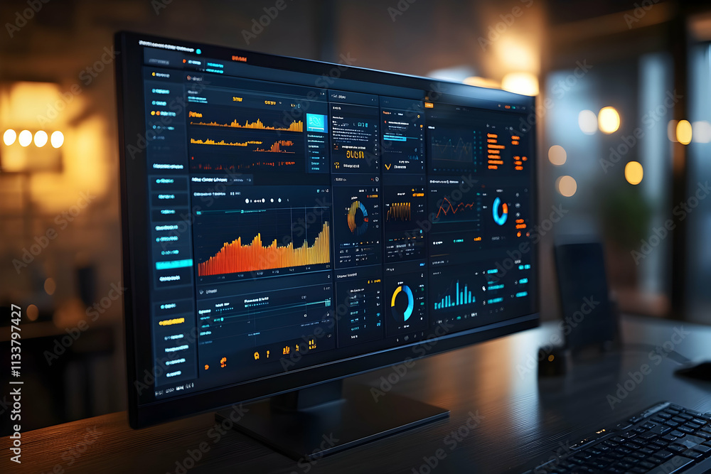 Poster a computer monitor displaying data analytics and visualizations in a modern workspace.