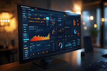 A computer monitor displaying data analytics and visualizations in a modern workspace.