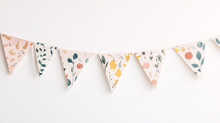 Fototapeta na wymiar pink and green floral bunting decoration hanging on white wall for festive background or banner design