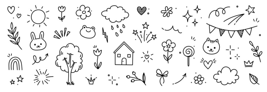 Naklejki Cute kid icon element line flower, cloud, heart background. Hand drawn doodle cute cartoon scribble sticker element set. Flower, heart, cloud children elements background. Vector illustration