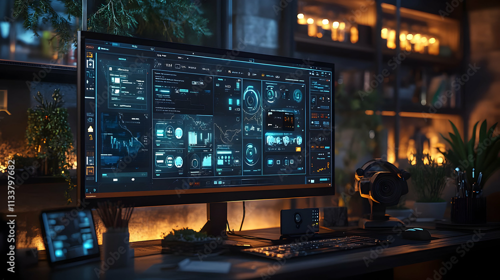 Poster a modern workspace featuring a high-tech monitor with data visualization and ambient lighting.