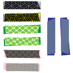8種類の和柄マスキングテープで、組み合わせは白と黄色の亀甲網代、緑の花菱、黒と灰色のモロッカン柄、紺の檜垣