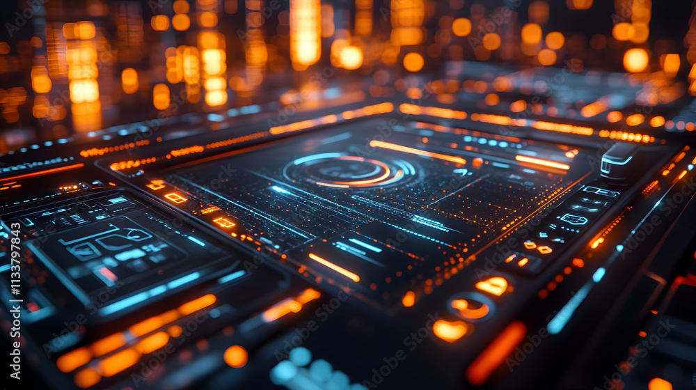 Poster futuristic digital interface with glowing elements and data visualization.