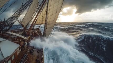 Tall Ship Sailing Through Stormy Ocean Waves