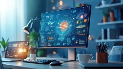 Engaging infographic presentation on a standard monitor in a home office environment visual data representation and analysis