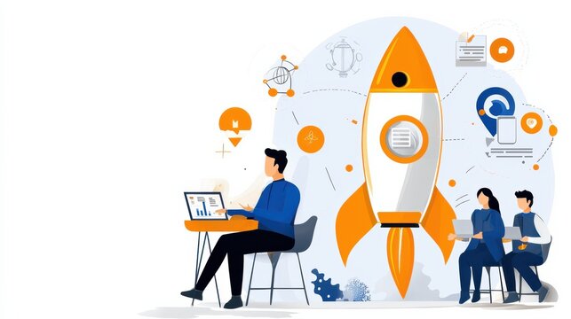 Launching innovation a vibrant rocket symbolizing startup standards in the sky digital artwork modern workspace entrepreneurial spirit