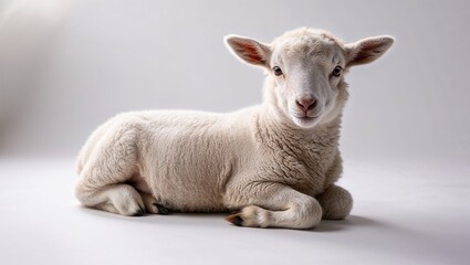 Fototapeta premium Cute young lamb resting on a white background, looking curiously with soft fur