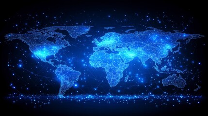 3D rendered world map illustration on a blue background depicting big data and networking concepts ideal for digital technology, global business, and modern innovation visuals